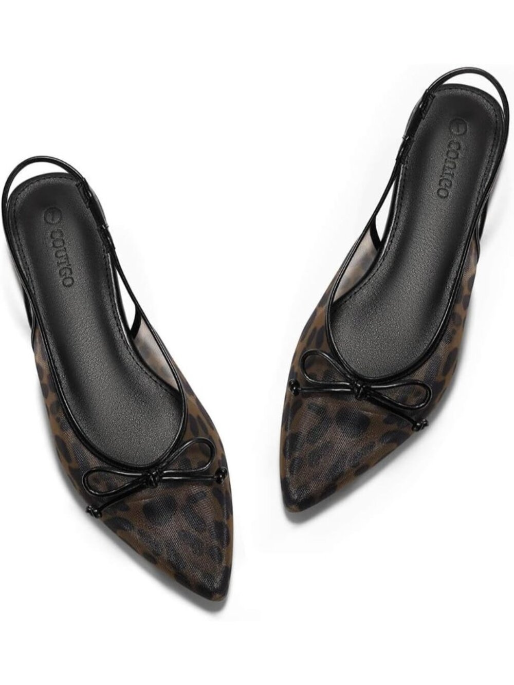 Women's Leopard Slingback Flats Bow Closed Pointed Toe Low Heel Sandals Shoes